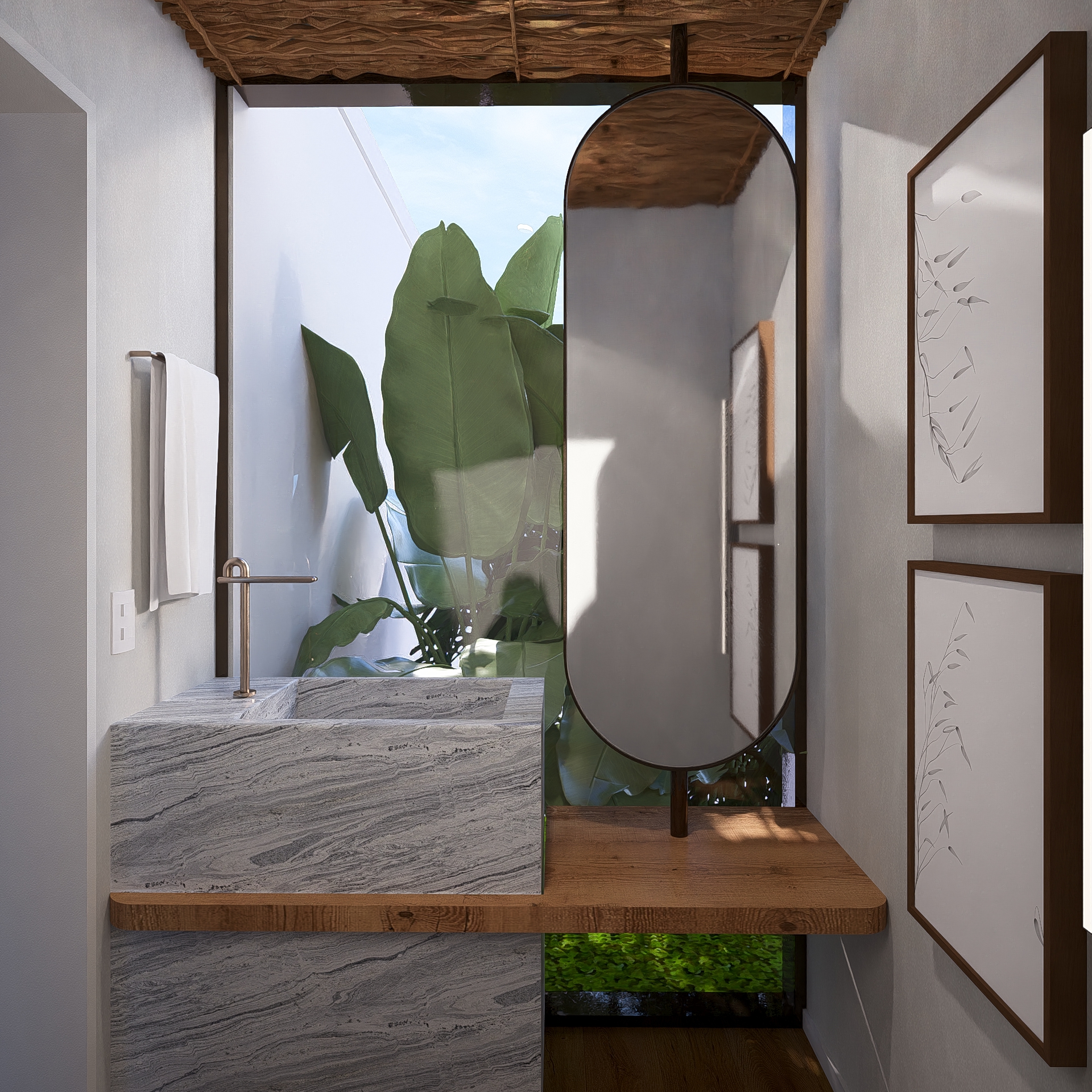 Lavabo com bancada em pedra Piracema, espelho oval e vista para jardim