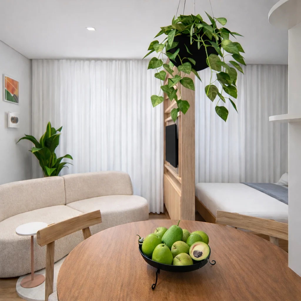 Studio compacto integrado com sala, cozinha e dormitório