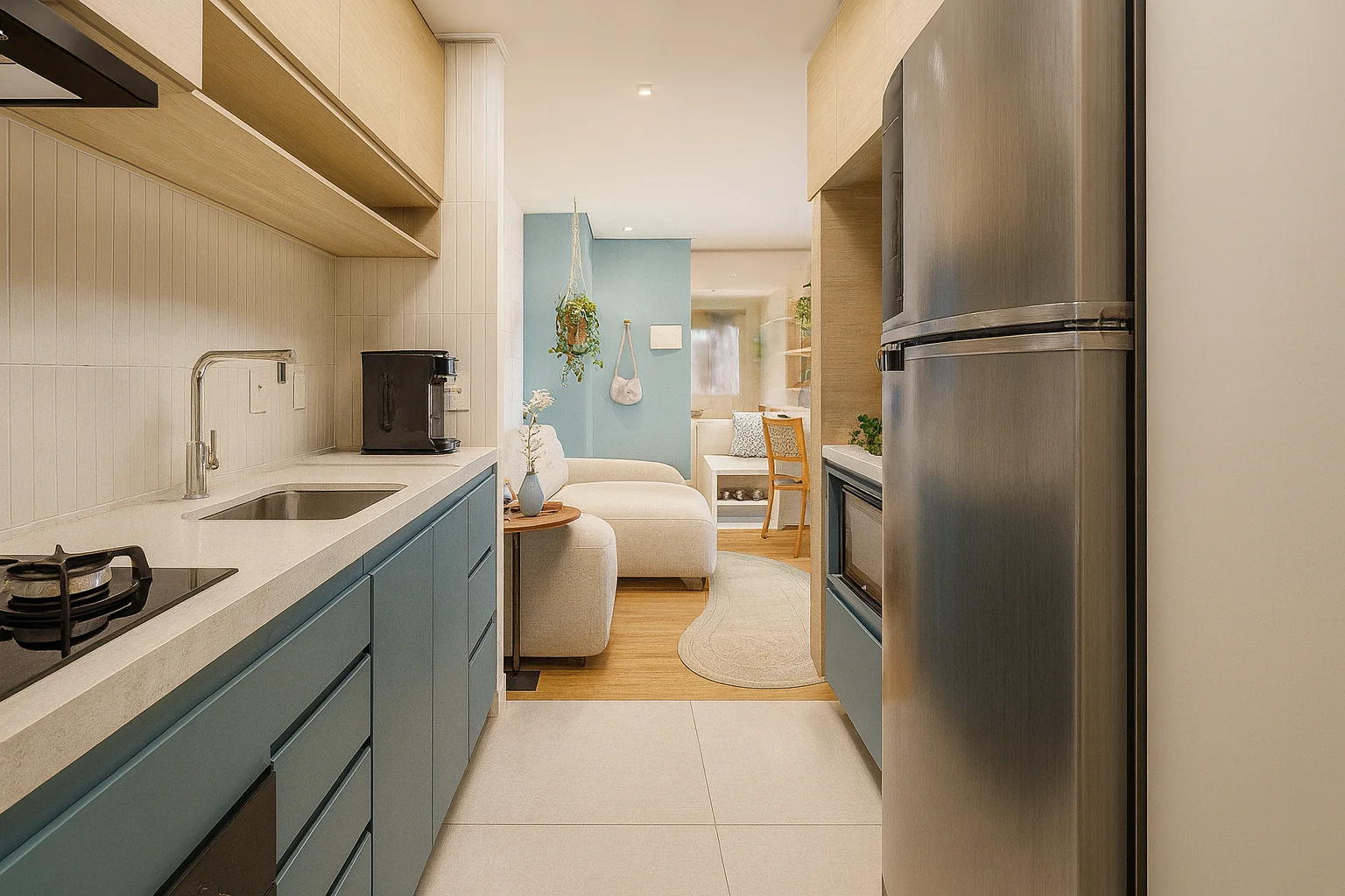 Cozinha compacta com marcenaria azul integrada à sala