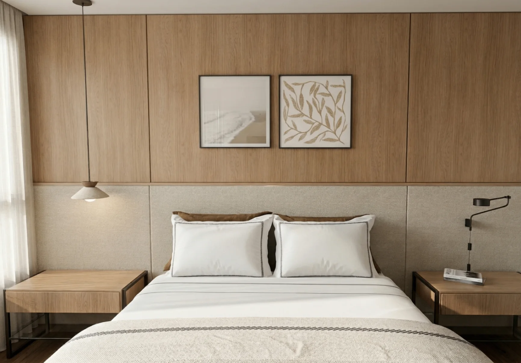 Quarto com marcenaria em madeira clara